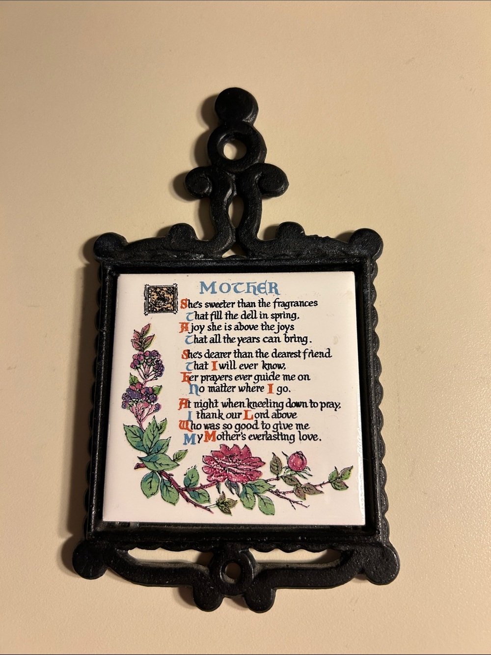 Mother Poem Kitchen Trivet Wall Plaque - White Tile In Black Cast Iron Frame